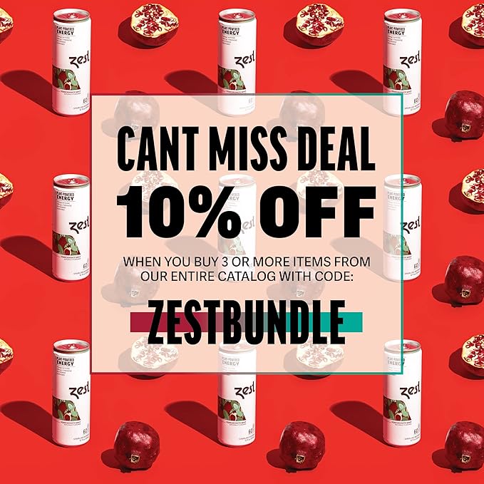 Zest Clean Energy Drink – Pomegranate Mint – 150mg Caffeine + 100mg L-Theanine – Natural Focus & Concentration Boost – Healthy Energy Drink 12oz Can 12 Pack – Low Sugar, No Artificial Sweeteners