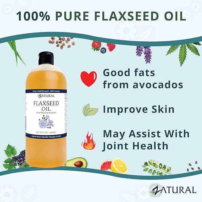 Zatural Flaxseed Oil Organically Grown 100% Pure Cold Pressed Omega Rich Fatty Acids 32oz