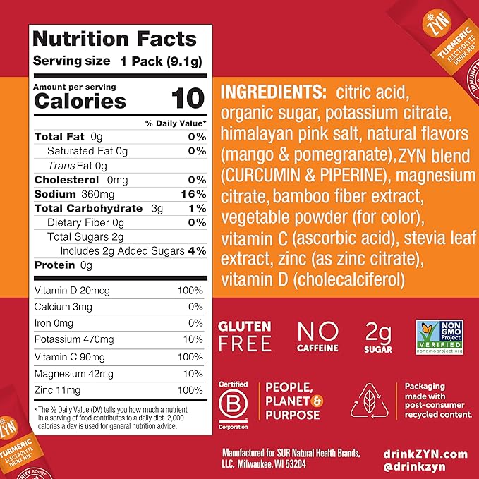 ZYN Electrolytes Powder Hydration Packets with Vitamins, Zinc & Turmeric - Low Sugar Electrolyte Drink Mix Packets with Piperine, Mango Pomegranate, 16 Pack