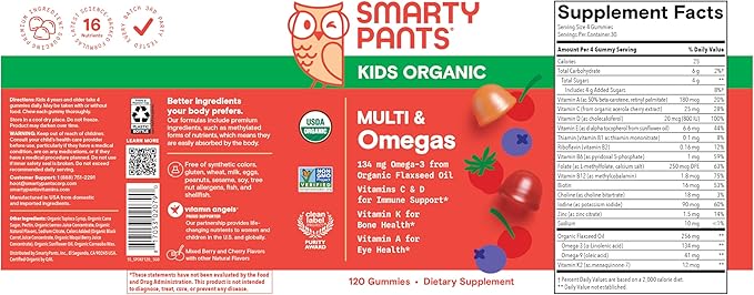 SmartyPants Organic Kids Multivitamin Gummies: Omega 3 (ALA), Vitamin D3, C, Vitamin B12, B6, A, K & Zinc for Immune Support, Biotin, Vegetarian, Three Fruit Flavors, 120 Count (30 Day Supply)