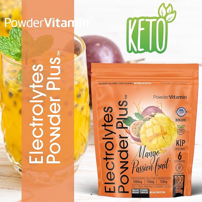 PowderVitamin Electrolytes Powder Plus (100 Servings) Mango Passionfruit Electrolyte Powder Zero Calorie Keto,0Sugar, No Maltodextrin,1000mg Potassium,120mg Calcium,120mg Magnesium, Hydration Powder