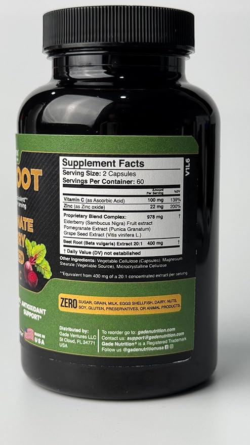 Gade Nutrition Beet Root Capsules Concentrated | Extra Strength Beetroot Extract Formula | Elderberry with Vitamin C and Zinc, Pomegranate, Grape Seed |Made in USA