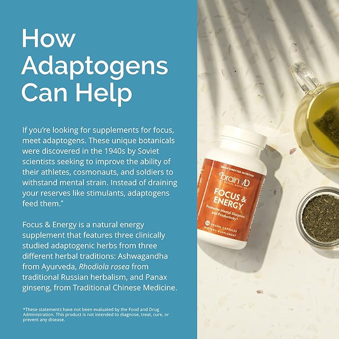 BRAINMD Dr Amen Focus & Energy - 120 Capsules - Mental Endurance Booster, Promotes Concentration & Attention - Caffeine Free, Gluten Free - 30 Servings