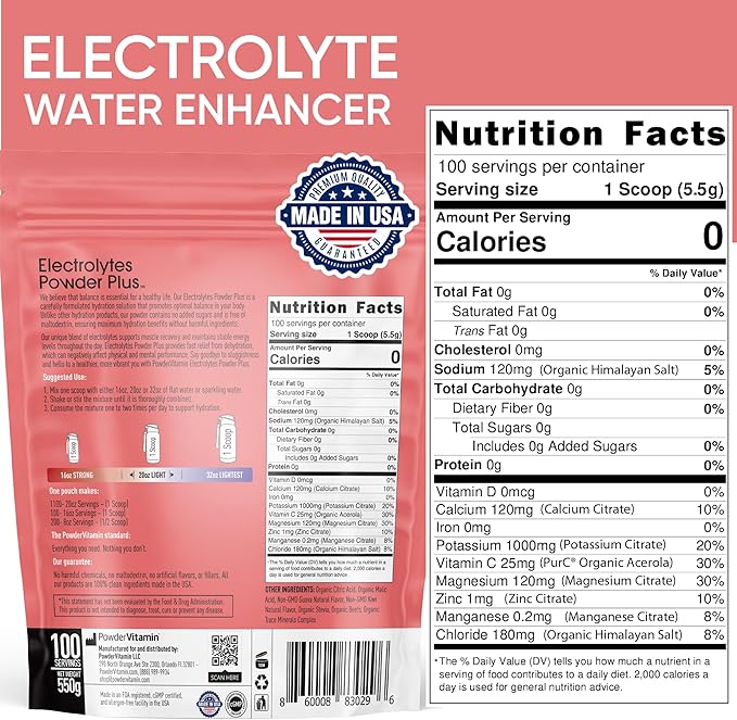 PowderVitamin Electrolytes Powder Plus (100 Servings) Guava Kiwi Electrolyte Powder, Zero Calorie, Keto, 0 Sugar, No Maltodextrin, 1000mg Potassium, 120mg Calcium, 120mg Magnesium, Hydration Powder