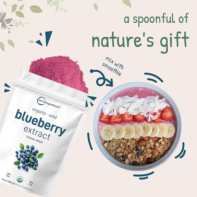 Organic Blueberry Extract Powder, 10oz | 100% Natural Fruit Powder | Freeze-Dried Wild Blueberries Source | No Sugar & Additives | Great Flavor for Drinks, Smoothie, & Beverages | Non-GMO & Vegan