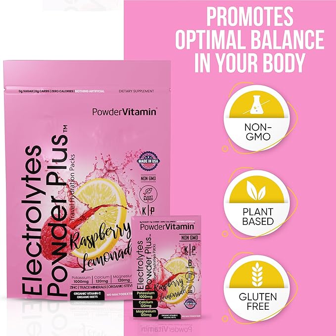 PowderVitamin Electrolytes Powder Plus, Keto, Raspberry Lemonade, Sugar Free, 1000mg Potassium, 120mg Calcium, 120mg Magnesium, Non-GMO, Zero Calories, 30 Hydration Packets