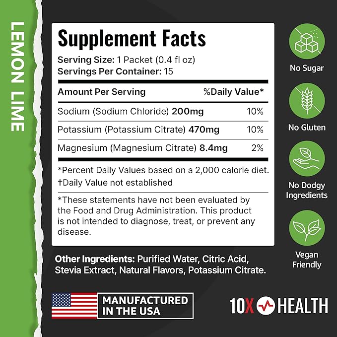10X Health Electrolyte Drink Mix - Hydration Packets - Sodium, Magnesium, Potassium Citrate & Electrolytes Packets - Naturally Flavored, Dye-Free & Sugar-Free Hydration Packs - 15 Sticks, Lemon Lime