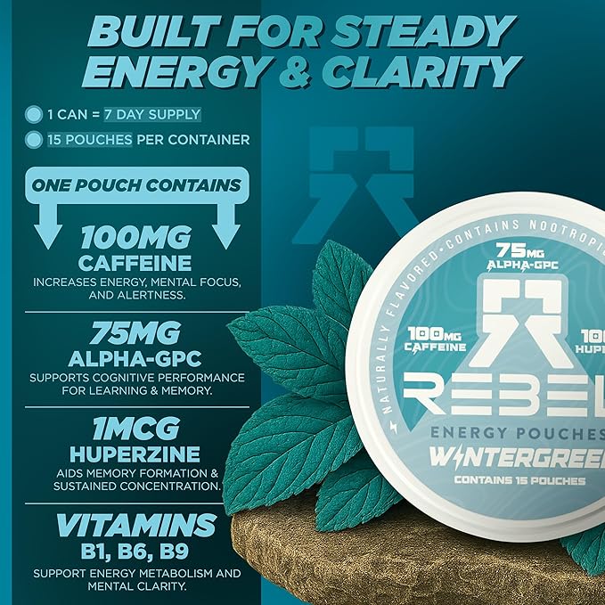 Nootropic Energy Caffeine Pouches (Wintergreen) • 100mg Caffeine • Alpha GPC • Huperzine A & Essential Vitamins • Sugar-Free • Coconut Fiber Technology • 15 Pouches Per Can (Pack of 1)