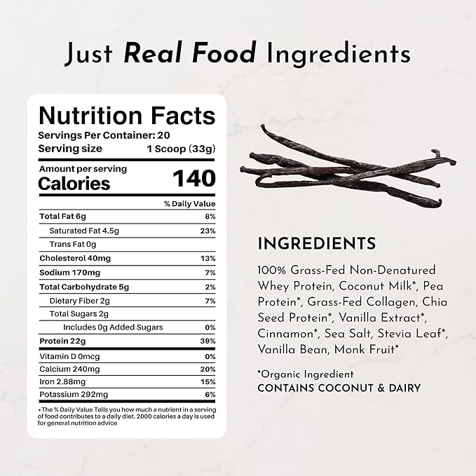 JUST INGREDIENTS Vanilla Bean Protein Powder – 20-Serving Blend with 100% Grass-Fed Whey & Organic Plant Proteins – Real Vanilla Bean & Cinnamon – Supports Muscle Recovery, Energy*