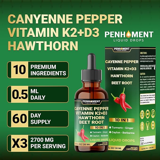 10in1 2700mg Cayenne Pepper Liquid Drops + Hawthorn Berry, Vitamin D3 K2 Beet Root Turmeric Ginger and More - Digestion Support - 1 Fl Oz - 2 Months Supply