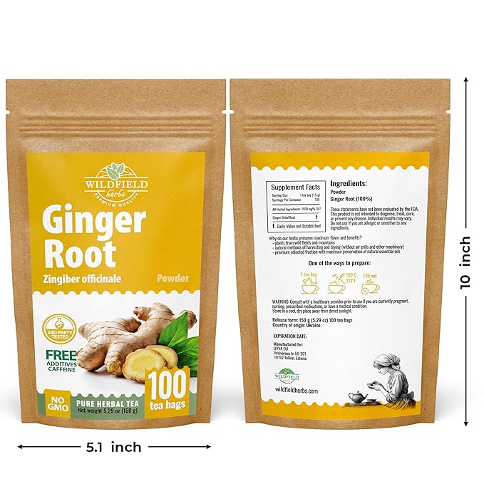 100 Bags Ginger Tea Ginger Root Tea Dry Dried Herb (Zingiber Officinale) - 100 Count 1.5g Bags Raíz De Jengibre