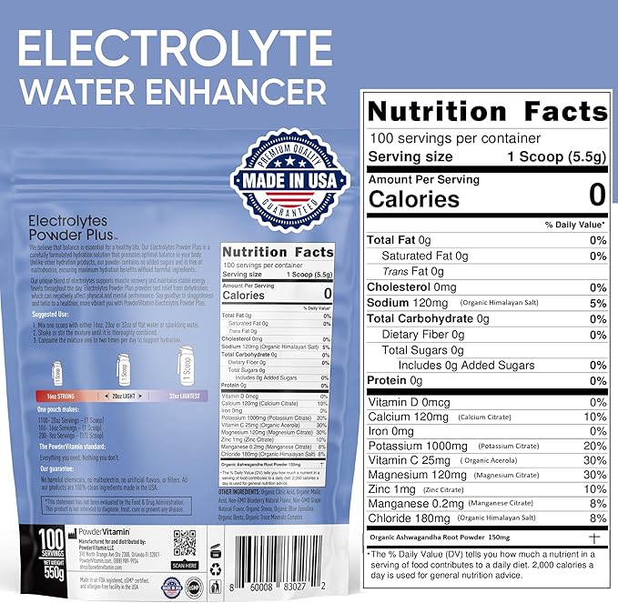 Electrolytes Powder Plus (100 Servings) Blueberry Grape Electrolyte Powder Sugar Free, Keto, 0 Sugar, No Maltodextrin, 1000mg Potassium,120mg Calcium,120mg Magnesium, Hydration