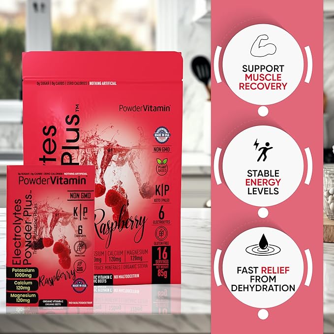 PowerVitamin Electrolytes Powder Packets - Raspberry - Keto Electrolytes for Energy - Hydration Powder with 1000mg Potassium, 120mg Magnesium, Zero Calories - 16 Hydration Packets