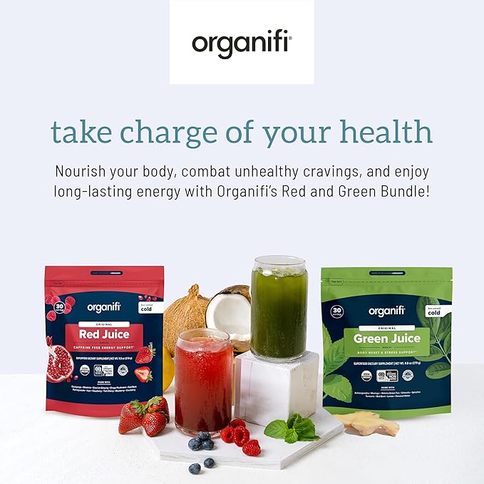 Organifi Green Juice and Red Juice Bundle - 30 Day Supply - Delicious, Refreshing Organic Superfood Supplement Powder With Antioxidants for Energy and Stress Relief Support - No GMO, Gluten, or Soy