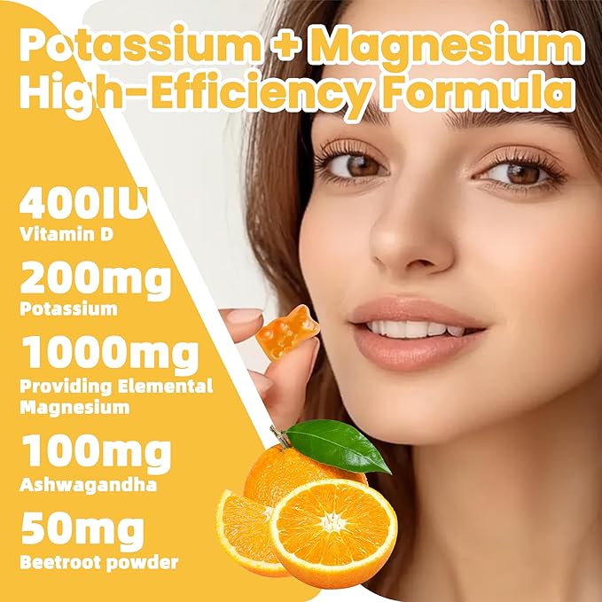 Potassium Magnesium Gummies,Potassium Supplement w/Ashwagandha,High Absorption Magnesium Glycinate,B6,D3,Potassium Citrate for Leg Cramps,Muscle,Electroyte for Adults Kids,Sugar-Free, 120 Gummies