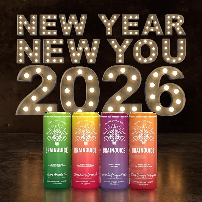 Brainjuice Brain Health Support Drink for Energy & Focus, Vitamin C, B5, B6 & B12, L Theanine, Alpha GPC & Natural Caffeine From Green Tea, Vegan, Gluten Free, Lavender Dragon Fruit, 12 Oz Can, 6 Pack