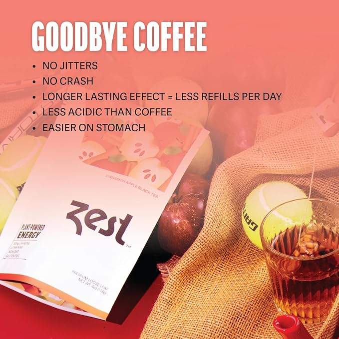 Zest Energy Tea - Cinnamon Apple Spice High Caffeine Black Tea Bags - Caffeinated Coffee Altnernative/Substitute - Natural, Non-GMO & Keto Friendly - Hot or Iced - 20Ct Pack - 150mg Caf