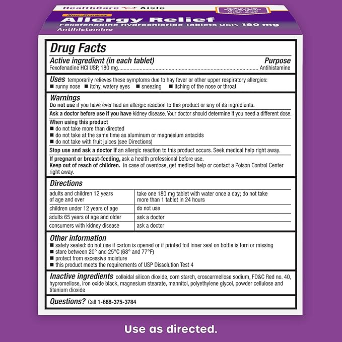 HealthCareAisle Allergy Relief - Fexofenadine Hydrochloride Tablets USP, 180 mg, 90 Tablets, Allergy Medication, Non-Drowsy 24-Hour Relief