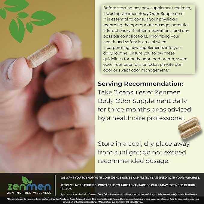Zenmen Naturally Body Deodorizing Supplement - Body Odor Eliminator Pills - Internal Deodorant for Underarms, Intimate Areas, and Private Parts - 60 Vegan Capsules. Made in The USA