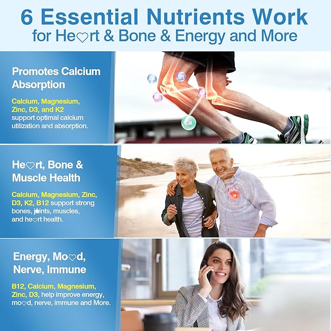 6-in-1 Liposomal Vitamin D3 K2 Calcium Supplement - Plant Based Calcium 600mg with Vegan Vitamin D3 5000 iu + Vitamin K K2 MK7 + B12, Algae Ca-lcium Magnesium Zinc for Bone, Softgels, 2 Pack