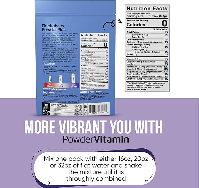 PowderVitamin Electrolytes Powder Plus, Keto, Blueberry Grape, Zero Sugar, 1000mg Potassium, 120mg Calcium, 120mg Magnesium, Non-GMO, Zero Calories, 30 Hydration Packets