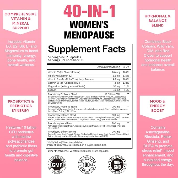40-in-1 Menopause Supplements for Women, Multibenefit & Complete Black Cohosh for Hot Flashes, Night Sweats & Hormone Balance, w/ Probiotics, DIM, Vitex, Dong Quai, Red Clover and More, 120 Vegan Caps