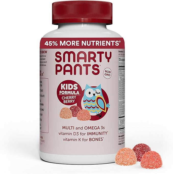 SmartyPants Kids Multivitamin Gummies: Omega 3 Fish Oil (EPA/DHA), Vitamin D3, C, Vitamin B12, B6, A, K & Zinc for Immune Support, Biotin, Grape, Cherry & Berry Flavors, 120 Count (30 Day Supply)
