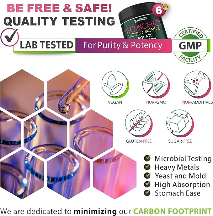 6in1 Premium 40:1 Myo-Inositol & D-Chiro Inositol Supplement for Women with Folate, Berberine HCl 97%, Vitamin D3 & K2 - Hormonal Balance & Ovarian Health Support- 120 Vegan Capsules