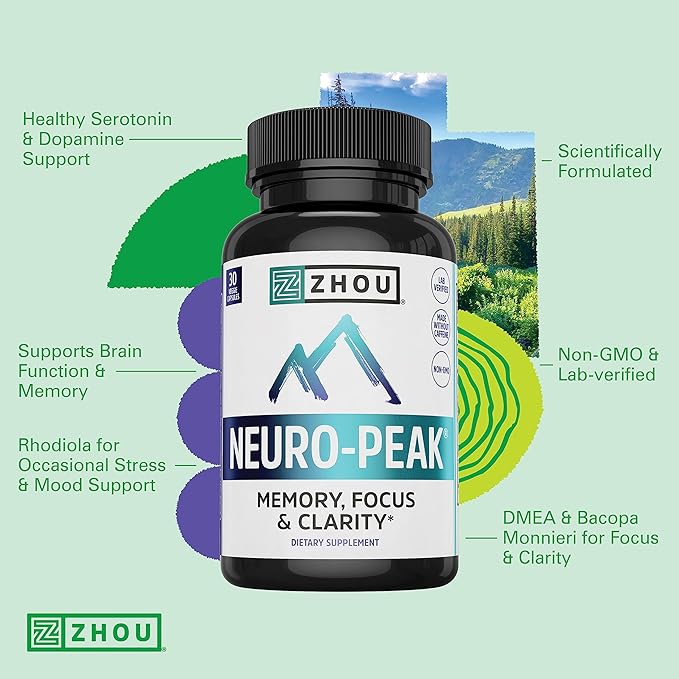 Zhou Neuro-Peak - Brain Supplements for Memory and Focus, Nootropic for Men & Women, Brain Support Pill for Adults, Brain Vitamins - 30 Veggie Capsules (Pack of 1)