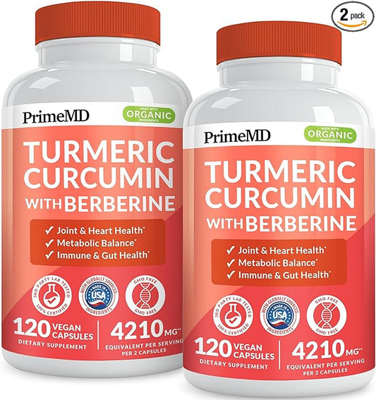 5-in-1 Organic Turmeric Curcumin Supplement (4210mg) with Berberine, Ceylon Cinnamon Bioperine and Ginger Supplements for Joint, Heart, Gut, & Metabolic Support (120 ct) (Pack of 2)