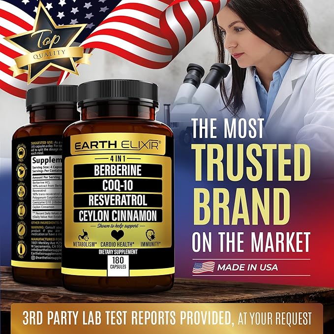 4-in-1 Berberine Supplement 1160mg (180 Caps) w/ 180mg COQ10, 380mg Resveratrol & 120mg of Ceylon Cinnamon –3rd Party Tested– Berberine w/Ceylon Cinnamon Supplements –Max Purity– CO Q 10