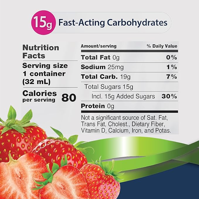 TRUEplus Glucose Gel Pouch, Strawberry Flavor, 15g Fast-Acting Carbohydrates, Fat Free, Gluten Free, Quick Support for Low Blood Sugar and Energy, 72 Pack
