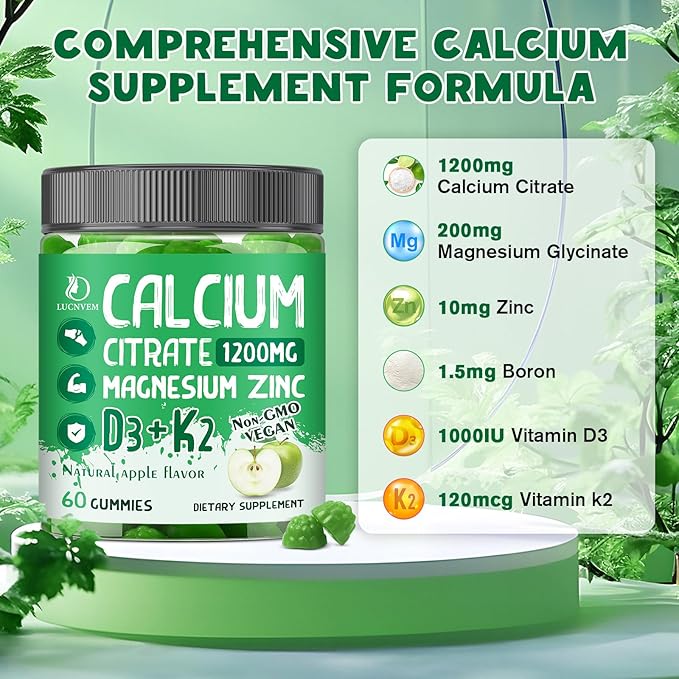(2 Pack) Calcium Citrate 1200 mg with Vitamin D3 Gummies for Women & Men, Calcium Magnesium Zinc with Vitamin D3 K2 Supplement for Bone & Teeth Support, Natural Apple Flavor - 60 Day Vegan Supply