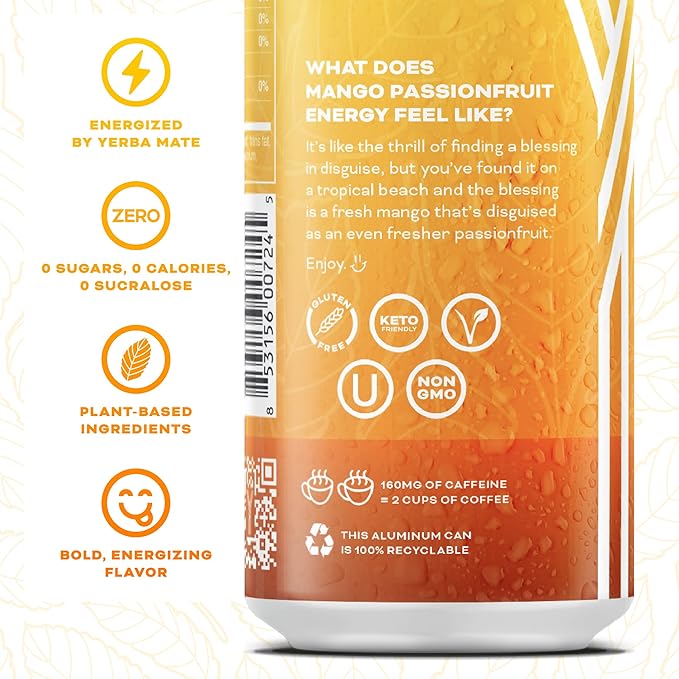 Yerbaé Mango Passion Fruit Functional Energy Drink - 0 Sugar, 0 Calories, 0 Carbs. Yerbae is Energized by Yerba Mate, Plant-Based, Healthy Alternative to Sugary Energy Beverages, 16oz cans (12 Pack)