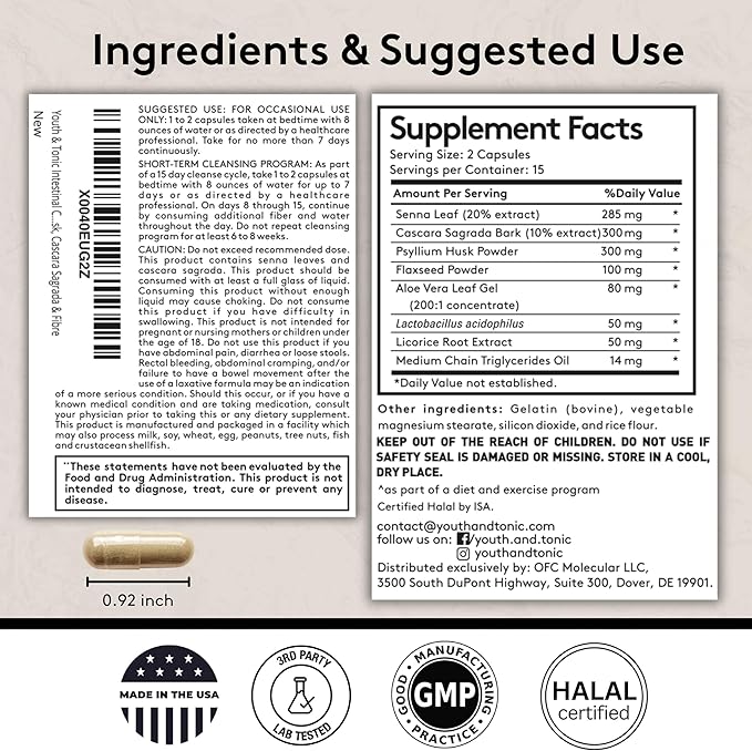 Youth & Tonic Overnight Intestinal Cleanse Supplement - Natural Constipation Relief for Men & Women with Senna Leaf, Psyllium Husk, Cascara Sagrada & Fibre - 30 Capsules. Can Be Strong for Some People