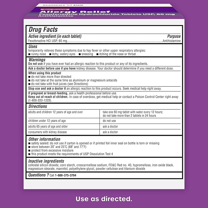HealthCareAisle Allergy Relief - Fexofenadine Hydrochloride Tablets USP, 60 mg - 100 Tablets - Non-Drowsy Antihistamine, 12-Hour Allergy Medicine