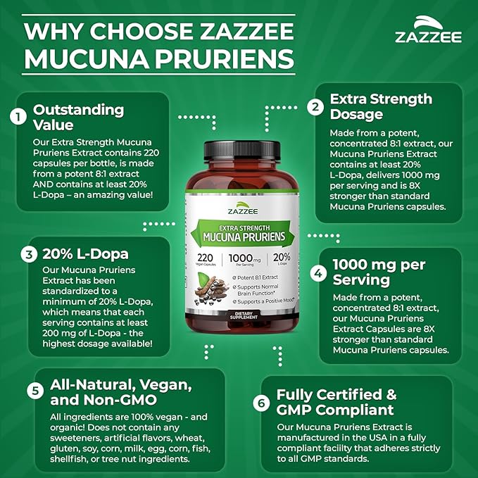 Zazzee Extra Strength Mucuna Pruriens 8:1 Extract, Minimum 20% L-Dopa, 1000 mg, 220 Vegan Capsules, 110 Day Supply, Concentrated and Standardized 8X Extract, 100% Vegetarian, All-Natural and Non-GMO