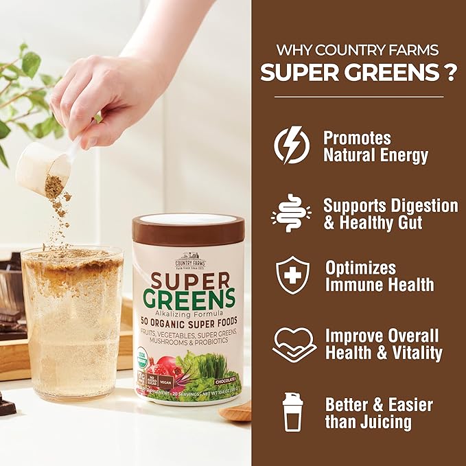 COUNTRY FARMS Super Greens Chocolate Flavor, 50 Organic Super Foods, USDA Organic Drink Mix, Fruits, Vegetables, Super Greens, Mushrooms & Probiotics, Supports Energy, 40 Servings, 10.6 Oz, 2 Pack