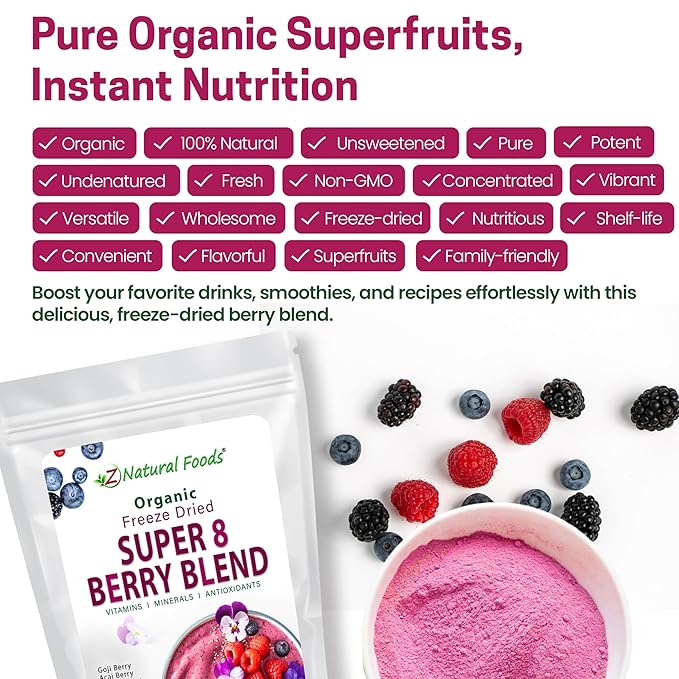 Z Natural Foods Super 8 Berry Blend - Organic Freeze Dried Berry Powder, Fruit Superfood Powder - Delicious Powdered Fruit Berry, Antioxidant Powder for Smoothies, Yogurts, Healthy Drink Mix, 1 lb