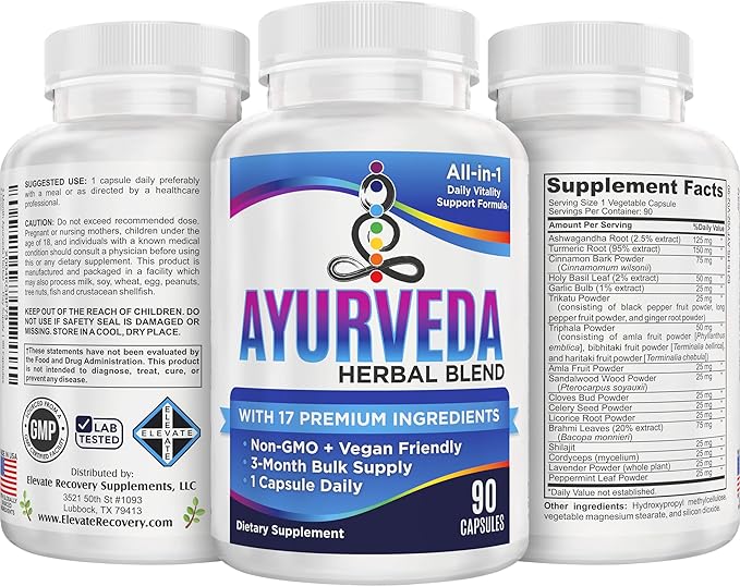 3-Month AYURVEDA Supplements (17-in-1 Blend) Premium Ayurvedic Herbs | Health & Wellness Booster Support Supplement | Strong Mind, Body & Spirit | Ayurveda Products | 90-Day Bulk Supply | 90 Capsules