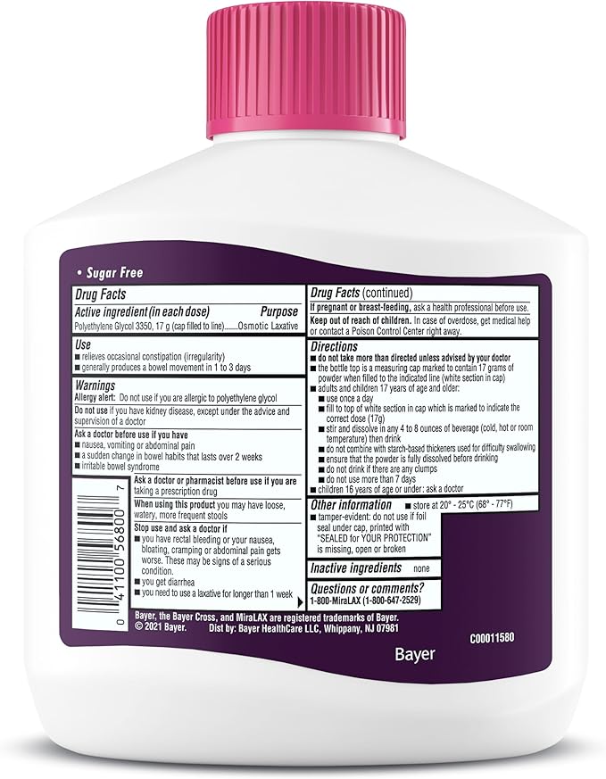 MiraLAX Laxative Powder, Gentle Constipation Relief for Adults, Stool Softener with PEG 3350, Nonstimulant Laxative, No Harsh Side Effects, Osmotic Laxative, 45 Dose