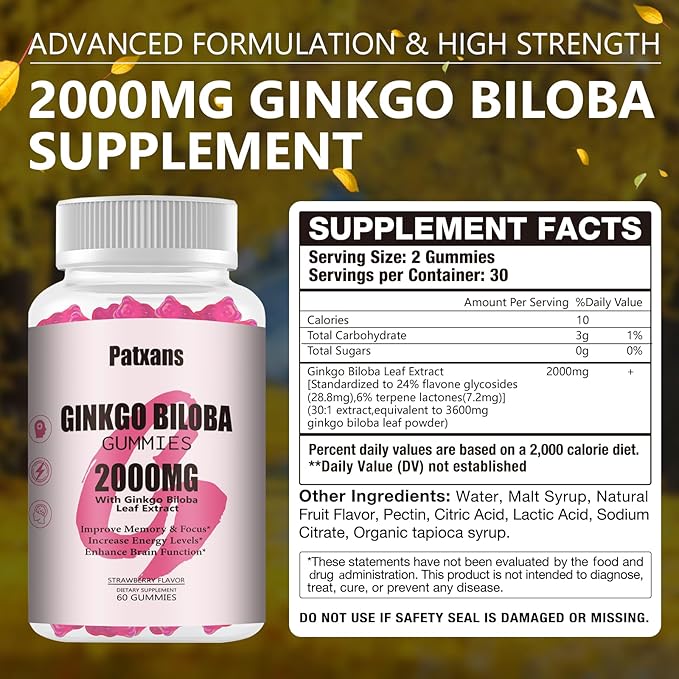 1 Pack 2000mg Ginkgo Biloba Gummies - Ginkgo Biloba Supplements for Brain Health Support, Improve Mood and Focus, Energy, Adult, Strawberry Flavor, 60 Count