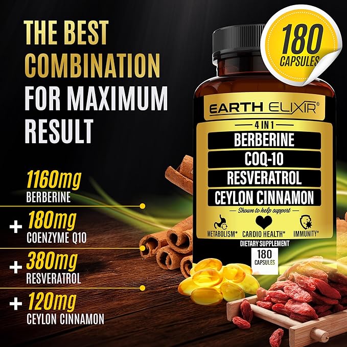 4-in-1 Berberine Supplement 1160mg (180 Caps) w/ 180mg COQ10, 380mg Resveratrol & 120mg of Ceylon Cinnamon –3rd Party Tested– Berberine w/Ceylon Cinnamon Supplements –Max Purity– CO Q 10