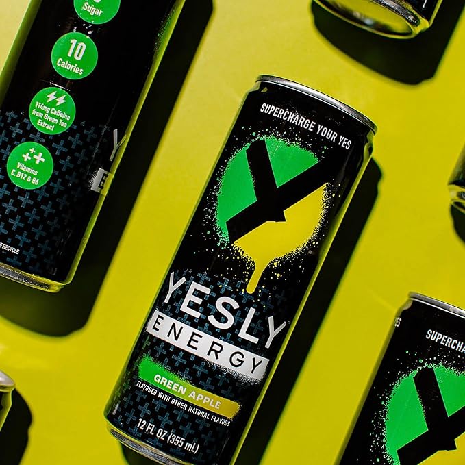 Yesly Energy Drink, Green Apple, Naturally Flavored Sparkling Energy Drink With Electrolytes, Magnesium, Potassium, Vitamin C, B6 & B12, Natural Caffeine From Green Tea, 12 Fl Oz Cans, 12 Pack