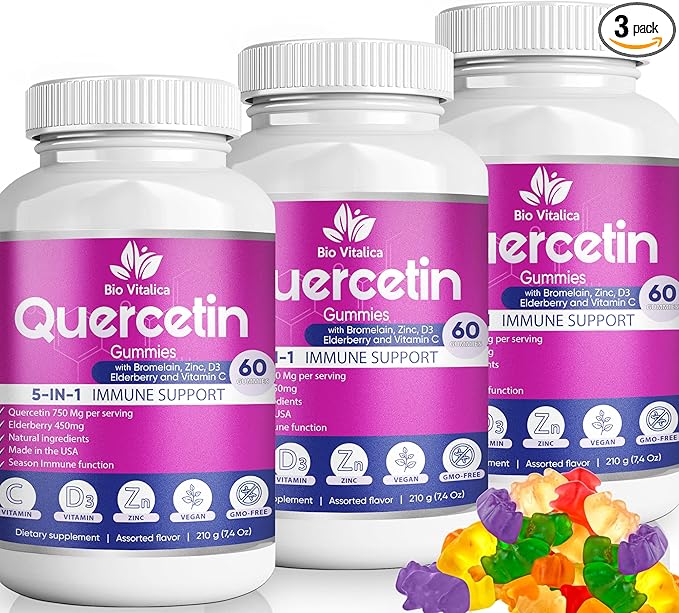 (3 Pack) Quercetin Gummies by BioVitalica - Quercetin with Bromelain Vitamin C and Zinc & Elderberry + Vitamin D3-5 in 1 Immune Support - Zinc Quercetin 750 mg for Kids and Adults