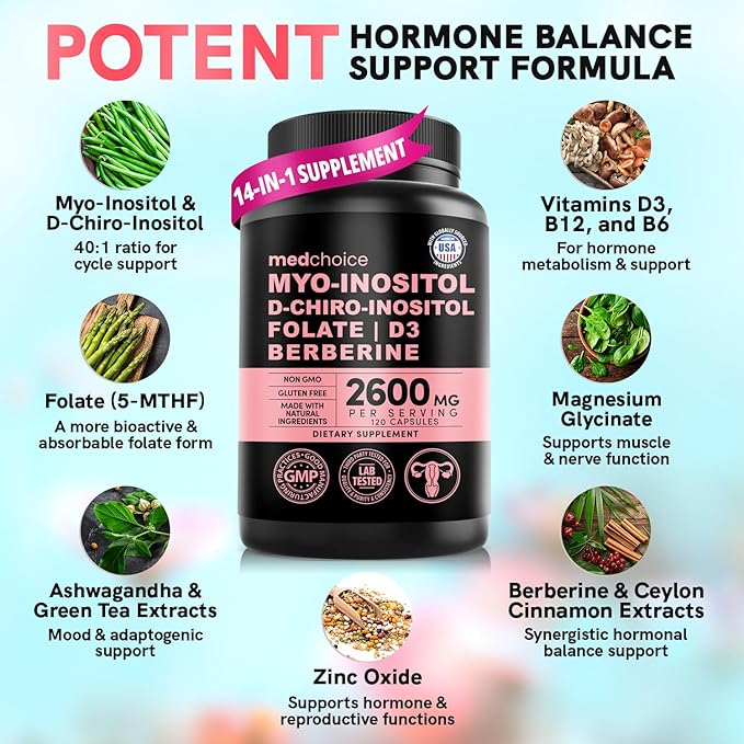14-in-1 Inositol Supplement & Hormone Support for Women - 40:1 Myo-inositol & D-Chiro Inositol Ovarian Support Capsules for Hormone Balance with Folate, Vitamin D and B12 (120 count) (Pack of 2)
