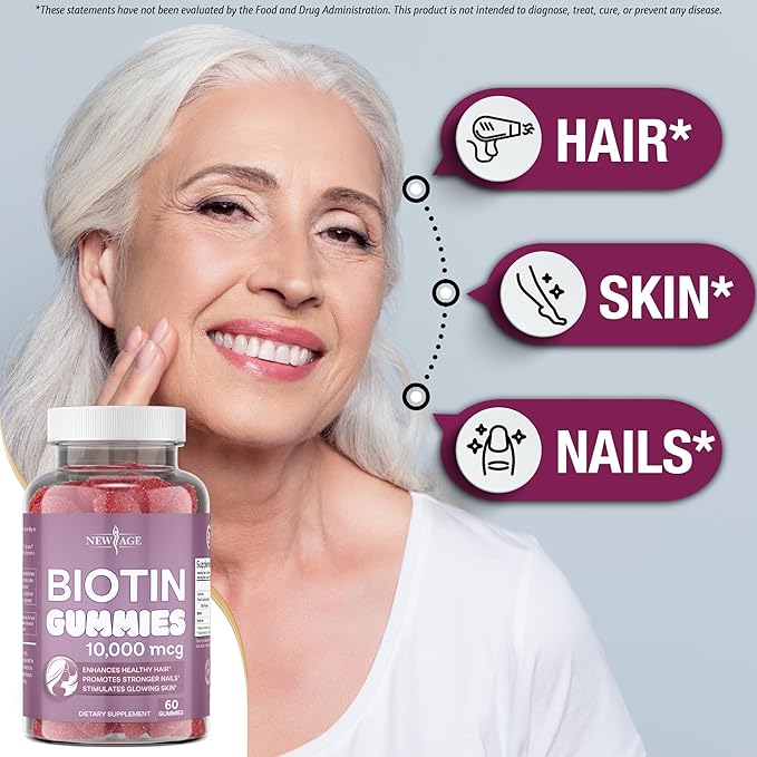 NEW AGE Biotin Gummies – Hair, Skin & Nails Gummies – 10,000 mcg - Non-GMO Supplement for Women, Men - Made in USA -120 Count