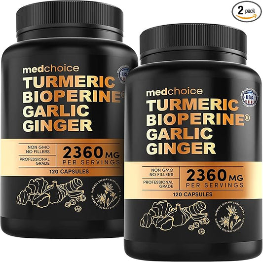 4-in-1 Turmeric and Garlic Supplements with Bioperine 2360 mg Turmeric Ginger Root Capsules with Garlic for Joint, Digestion & Immune Support (120ct, Pack of 2)