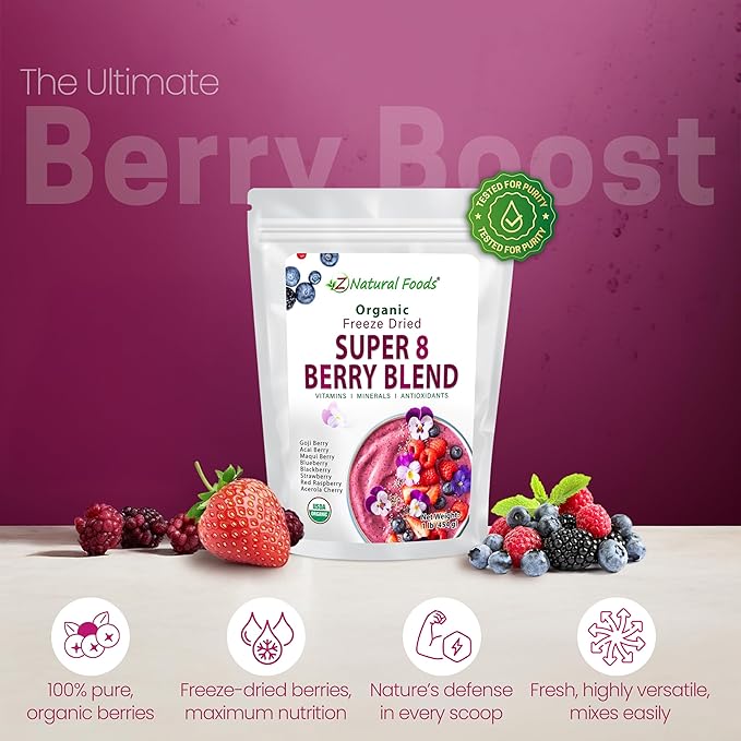 Z Natural Foods Super 8 Berry Blend - Organic Freeze Dried Berry Powder, Fruit Superfood Powder - Delicious Powdered Fruit Berry, Antioxidant Powder for Smoothies, Yogurts, Healthy Drink Mix, 1 lb