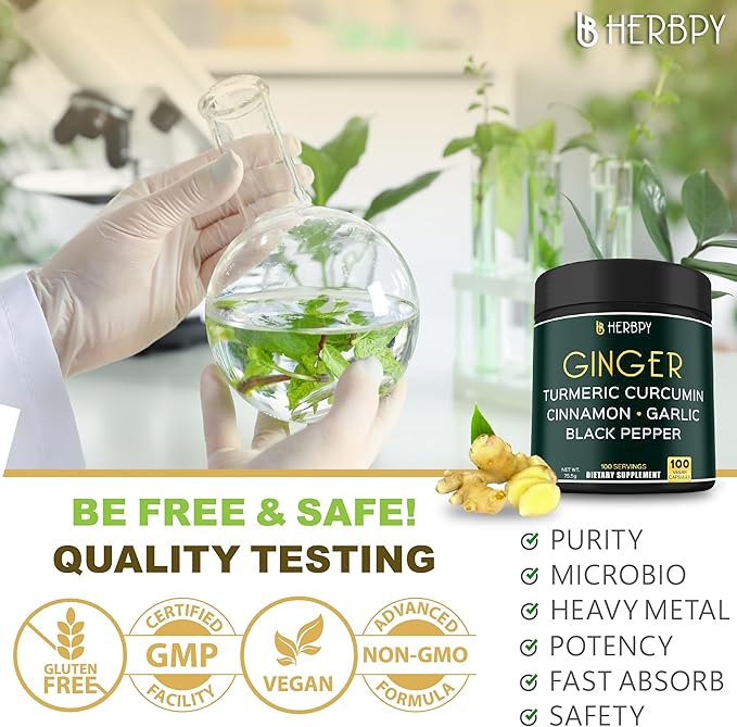 5in1 Ginger and Turmeric Supplements with Ceylon Cinnamon, Garlic - Digestion, Immune, Brain & Heart Health Support - 100 Vegan Capsules